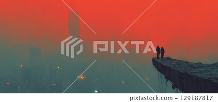 Two figures overlook a foggy city at sunset 129187817