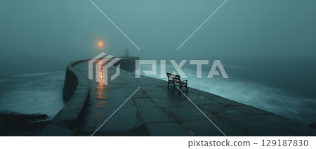Foggy pier with a lone bench and distant light Foggy pier with a lone bench and distant light 129187830