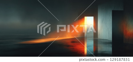 Mysterious doorway with warm light in dark setting 129187831