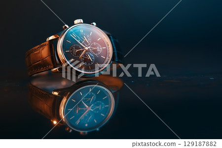 Luxury men's watch with reflection on dark background, success concept 129187882