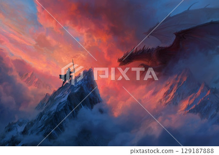 Knight battling a ferocious dragon in mountains Knight battling a ferocious dragon in mountains 129187888