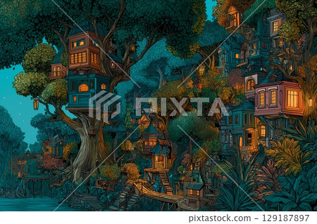 Whimsical treehouses in a magical green forest Whimsical treehouses in a magical green forest 129187897