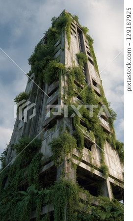 Abandoned Tower Overgrown with Lush Green Vines 129187925