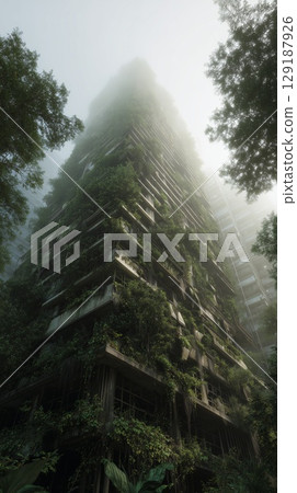 A forgotten tower swallowed by emerald vines, nature reclaiming stone 129187926