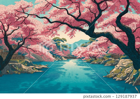Serene landscape of cherry blossoms by a calm river 129187937
