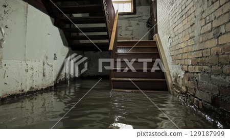 Flooded basement stairwell with wooden steps and damaged blue walls 129187999