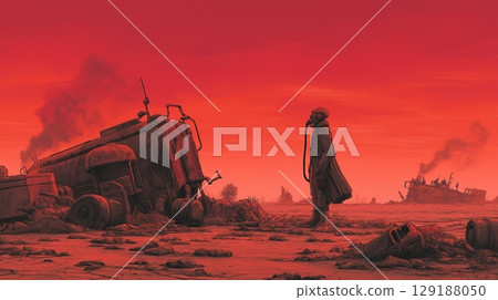 A lonely wanderer in a post-apocalyptic world 129188050