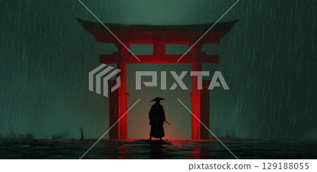 A solitary warrior pauses beneath a crimson torii, rain falling in silent sheets 129188055