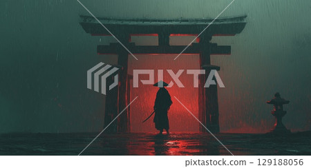 Raindrops cascade over a weathered samurai standing vigil at the shrine entrance 129188056