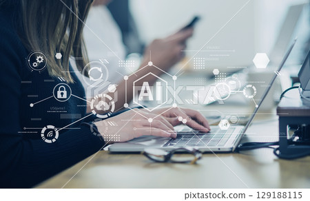 Business scene, digital workflow using generative AI, cloud, digital transformation, digital network image 129188115