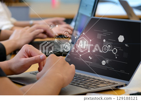 Business scene, digital workflow using generative AI, cloud, digital transformation, digital network image 129188121