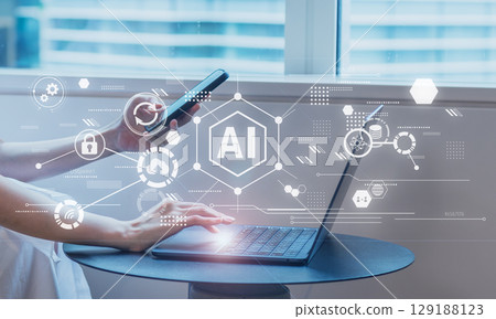 Business scene, digital workflow using generative AI, cloud, digital transformation, digital network image 129188123