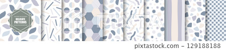 Collection of vector seamless color drawing patterns. Delicate geometric elegant backgrounds. Simple pastel unusual textile prints. Creative design 129188188