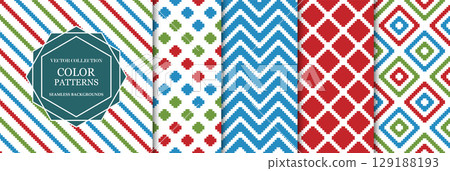 Collection of cloth color seamless patterns - geometric striped design. Vector repeatable carpet backgrounds. Modern endless fabric textures. Tartan plaid prints Collection of cloth color seamless patterns - geometric striped design. Vector repeatable carpet backgrounds. Modern endless fabric textures. Tartan plaid prints 129188193