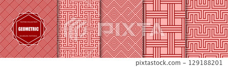 Collection of vector seamless geometric ornament patterns. Bright striped red abstract repeatable backgrounds. Minimalistic creative unusual prints with endless lines Collection of vector seamless geometric ornament patterns. Bright striped red abstract repeatable backgrounds. Minimalistic creative unusual prints with endless lines 129188201