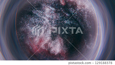 Silver splash. Blur shimmer flow. Defocused red blue yellow color round shiny ink texture circle bubbles on abstract creative background. 129188378