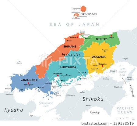 Chugoku, region of Japan, multi colored political map. Also Sanin-Sanyo region, the westernmost region of Honshu, consisting of the prefectures of Hiroshima, Okayama, Shimane, Tottori, and Yamaguchi. 129188519