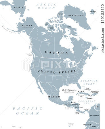 North America, gray political map with borders of the states, provinces and territories of Canada, USA and Mexico. Continent bordered by South America, Caribbean Sea, Arctic, Atlantic and the Pacific. North America, gray political map with borders of the states, provinces and territories of Canada, USA and Mexico. Continent bordered by South America, Caribbean Sea, Arctic, Atlantic and the Pacific. 129188520