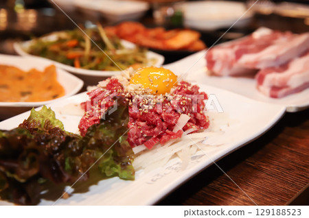 Korean traditional food. Beef raw beef Korean traditional food. Beef raw beef 129188523