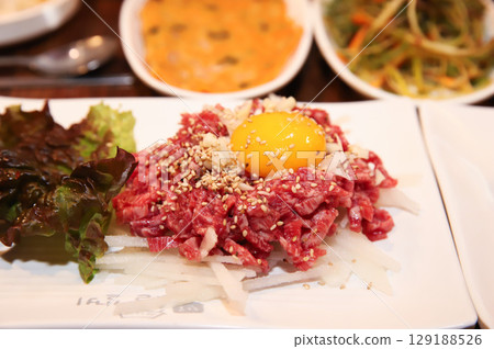 Korean traditional food. Beef raw beef Korean traditional food. Beef raw beef 129188526