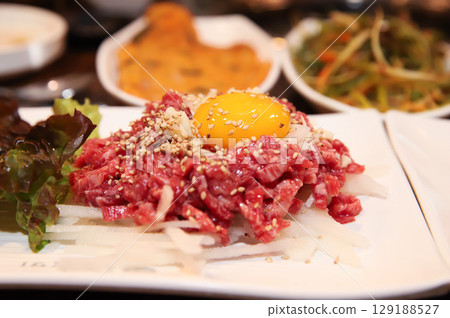 Korean traditional food. Beef raw beef Korean traditional food. Beef raw beef 129188527