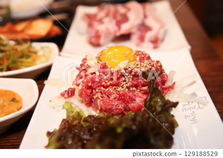 Korean traditional food. Beef raw beef Korean traditional food. Beef raw beef 129188529