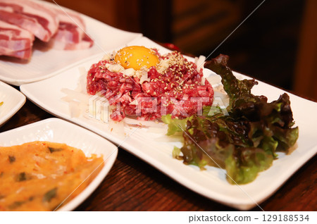 Korean traditional food. Beef raw beef Korean traditional food. Beef raw beef 129188534