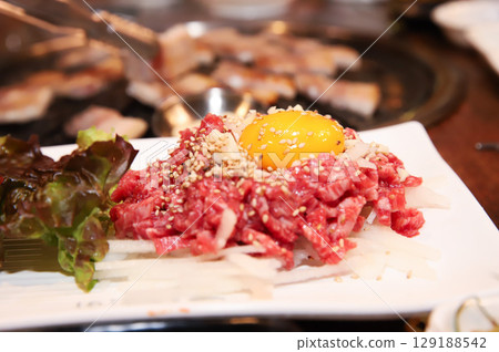 Korean traditional food. Beef raw beef Korean traditional food. Beef raw beef 129188542