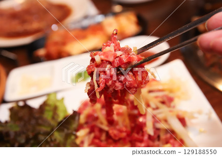 Korean traditional food. Beef raw beef Korean traditional food. Beef raw beef 129188550
