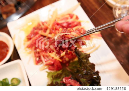 Korean traditional food. Beef raw beef Korean traditional food. Beef raw beef 129188558