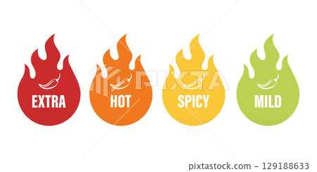 Vector Spicy Level Emblems, Icons with Chili Pepper in Flame Shapes. Extra Hot, Hot, Spicy and Mild Labels for Food Packaging, Menu Tags, Sauce Labels or Restaurant Spiciness Indicator, Vector Set 129188633