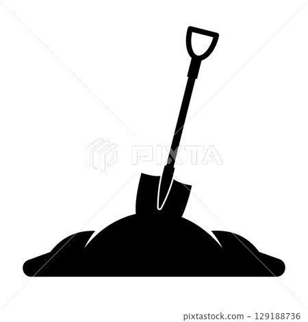 Shovel in Soil. Silhouette Vector Illustration. A shovel embedded in a mound of soil. The image captures the essence of hard work, gardening, construction or excavation. 129188736