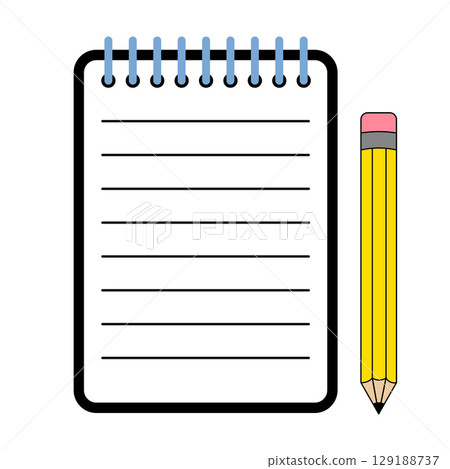 Spiral Notepad with Pencil Vector Illustration. A top spiral notepad accompanied by a classic yellow pencil. Ideal for educational materials, stationery designs, productivity themes. 129188737