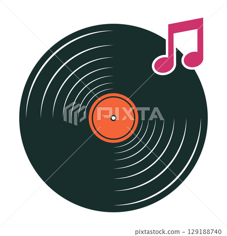 Vinyl Record with Musical Note Vector Illustration. A vinyl record with concentric grooves and a bright orange label in the center. A magenta musical note is placed above the record. Vinyl Record with Musical Note Vector Illustration. A vinyl record with concentric grooves and a bright orange label in the center. A magenta musical note is placed above the record. 129188740