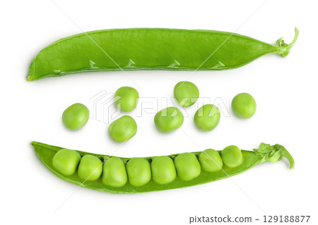 Fresh green pea pod with beans isolated on white background. Top view. Flat lay Fresh green pea pod with beans isolated on white background. Top view. Flat lay 129188877