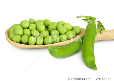 Fresh green peas in wooden spoon isolated on white background 129188878