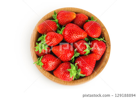 Strawberry in a wooden bowl isolated on white background, Top view. Flat lay. Strawberry in a wooden bowl isolated on white background, Top view. Flat lay. 129188894