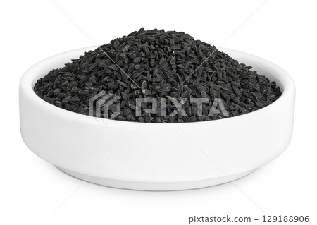 Nigella sativa or Black cumin in ceramic bowl isolated on white background 129188906