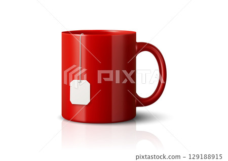 Vector 3D Realistic Red Ceramic Mug, Tea Cup with Blank Tag, Tea Bag Label Isolated, Blank Promotional Cup for Branding, Custom Print, Corporate Gift, Advertising, Merchandise, Logo Template, Mockup 129188915