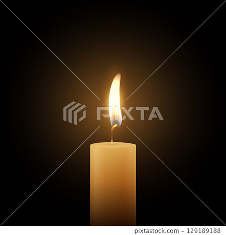 Realistic Vector Candle Flame Clipart on Dark Background. Single Wax Pillar Candle with Soft Warm Glow and Flickering Flame, Ambient Lighting Design Template for Web, Print. Square Banner 129189188