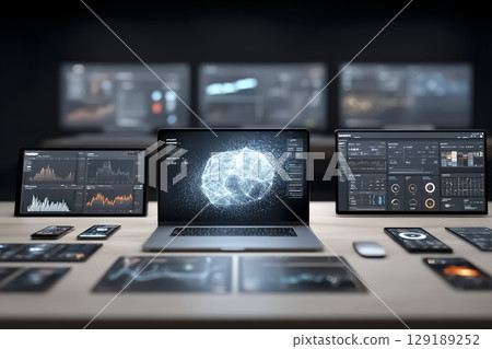 未來派辦公桌場景，一群人工智慧代理默默地一起工作 129189252