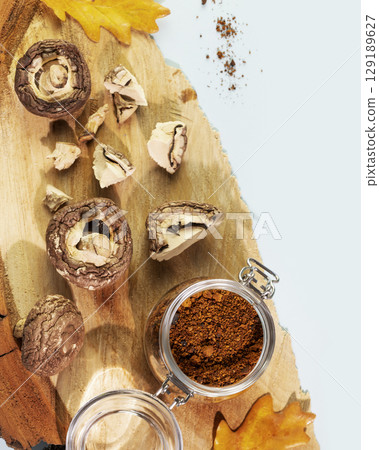 Superfood. Pieces of dry mushrooms with chaga powder in a glass jar on a wooden podium with autumn leaves on a blue background. Mushroom Chaga Coffee 129189627