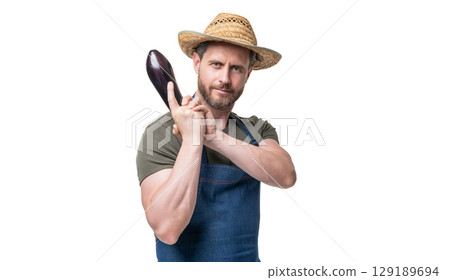 agriculturist in apron and hat with eggplant vegetable isolated on white 129189694