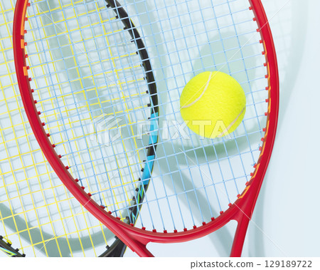 Tennis competition card. Sport composition with yellow tennis ball and tennis rackets on a blue background. Tennis game. Sport and healthy lifestyle 129189722