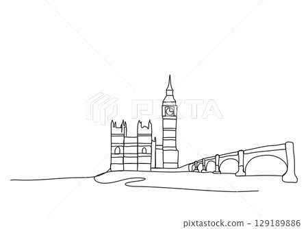 Big Ben in London. One line drawing animation. Video clip with alpha channel. 129189886