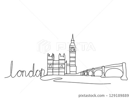 Big Ben in London. One line drawing animation. Video clip with alpha channel. 129189889