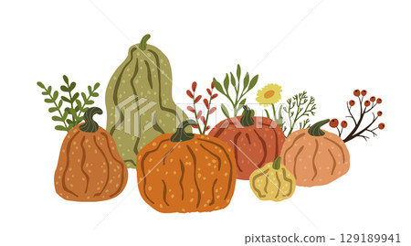 Pumpkins and gourds with autumn leaves and berries Pumpkins and gourds with autumn leaves and berries 129189941