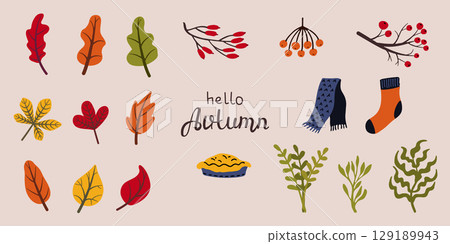 Autumn set with colorful leaves, berries, pie, scarf and sock Autumn set with colorful leaves, berries, pie, scarf and sock 129189943