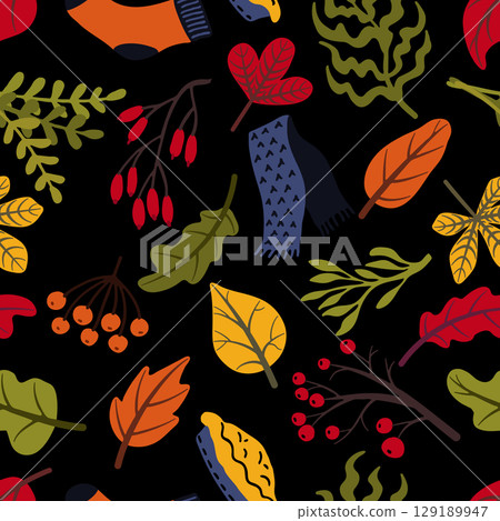 Seamless autumn pattern with colorful leaves, berries, scarf and socks 129189947