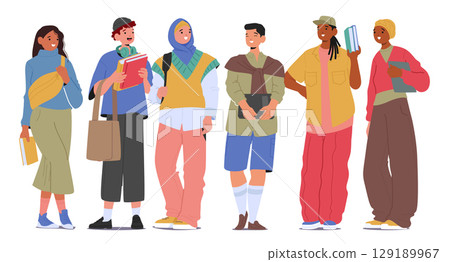 Diverse high school or college students multinational group cartoon characters standing in row 129189967